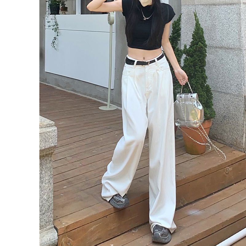 白色闊腿牛仔褲女秋季2023新款寬鬆顯瘦高腰垂感直筒拖地褲子春秋