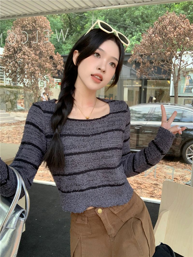美式復古針織衫女秋季2023新款條紋方領修身內搭打底辣妹長袖上衣