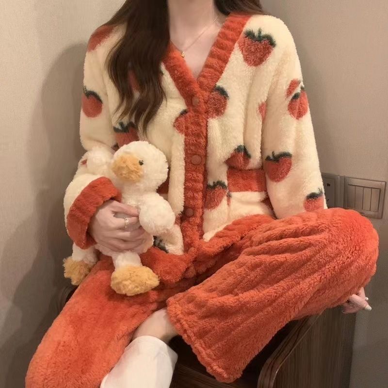新款珊瑚絨睡衣女秋冬季加厚加絨暖暖水蜜桃家居服套裝學生可外穿