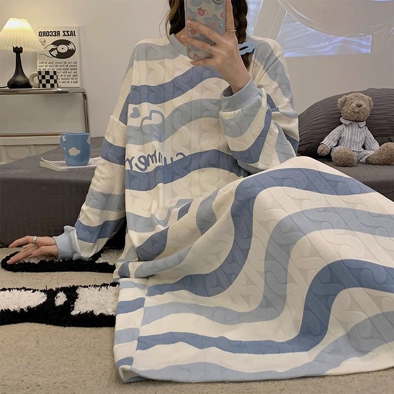 波浪條紋睡裙女春秋冬季純棉長袖寬鬆休閒孕婦睡衣女士夏天家居服