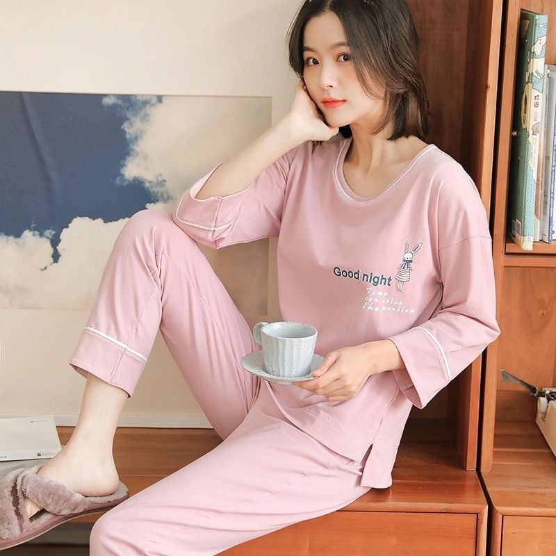 帶胸墊純棉睡衣女士長袖圓領可外穿家居服兩件套春秋新款居家服冬