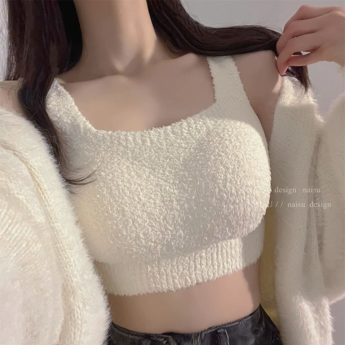 秋冬新款純欲羊毛羔保暖少女內衣背心式免穿文胸一體加厚絨小吊帶