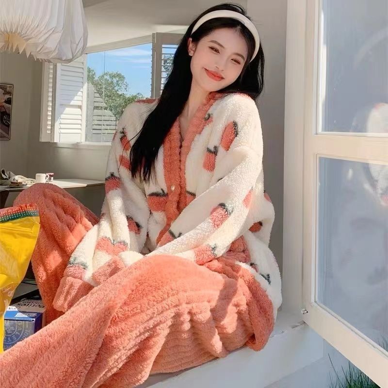 珊瑚絨睡衣冬季女加絨加厚2023新款秋法蘭絨家居服印花水蜜桃套裝