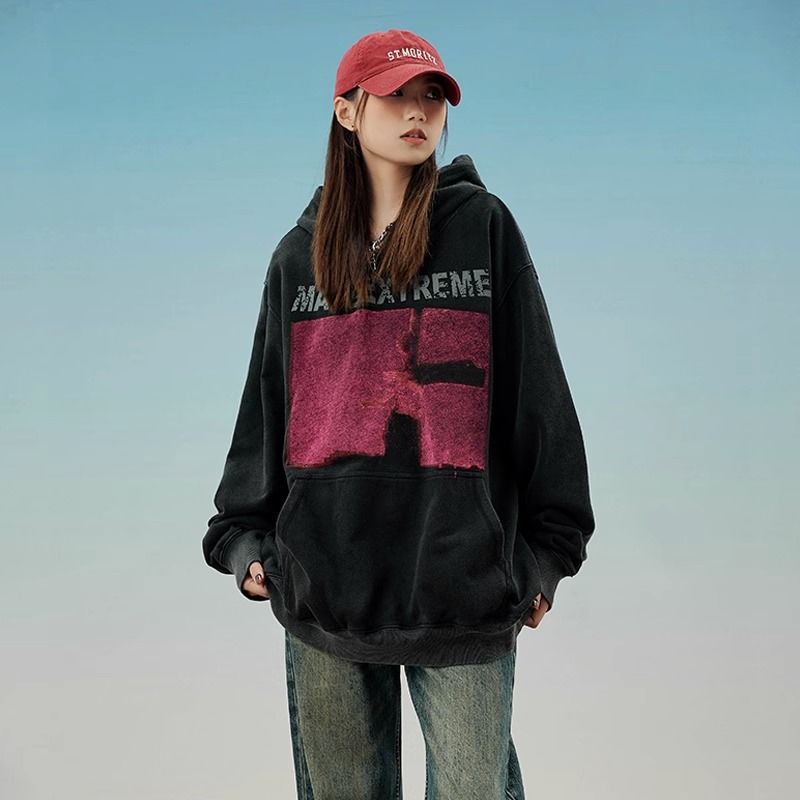 美式復古水洗做舊純棉連帽衛衣男女ins高街寬鬆oversize外套潮ins