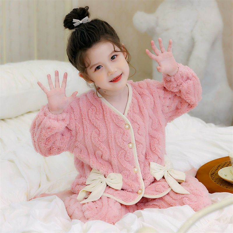 儿童法兰绒睡衣中大童冬季女童装珊瑚绒加厚款甜美套装女孩家居服