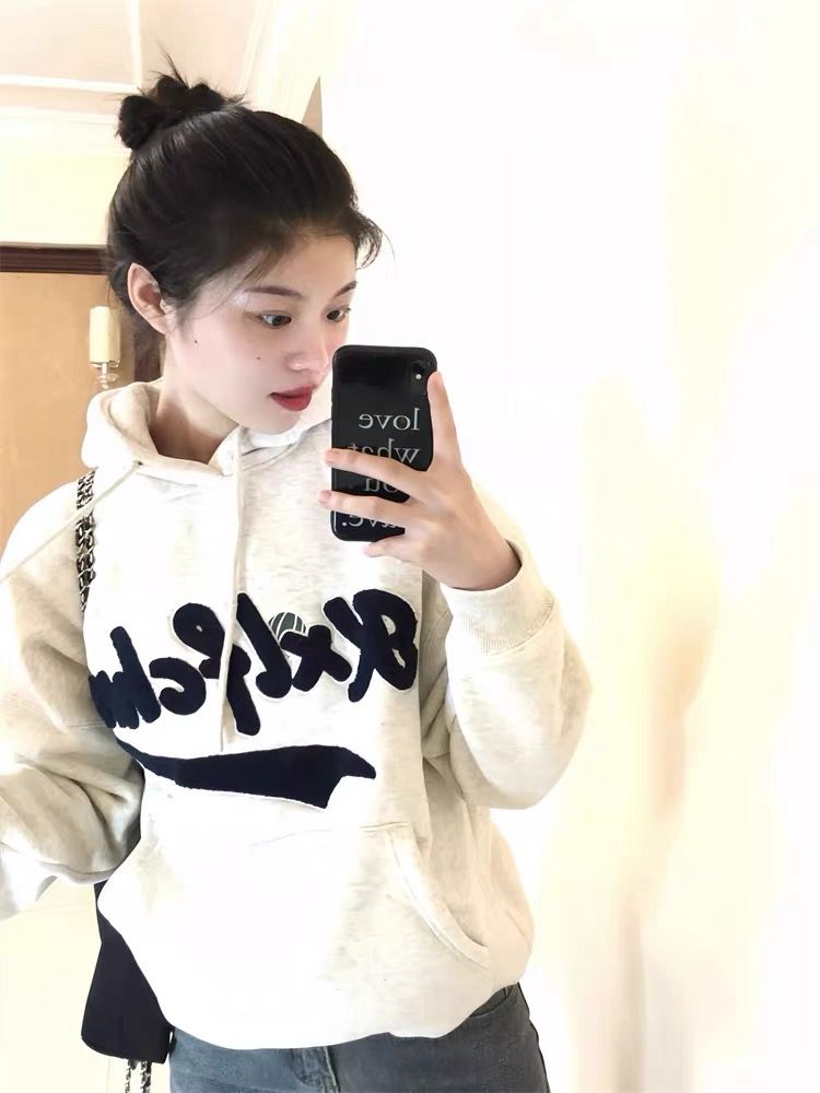 美式復古毛巾繡連帽衛衣女春秋2023新款設計感小眾情侶裝潮牌上衣