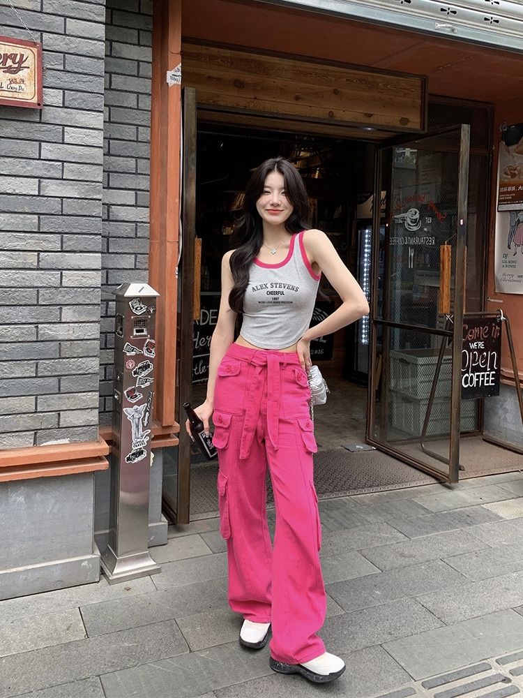 美式辣妹玫紅色寬鬆大口袋工裝休閒褲女2023秋季高街闊腿牛仔褲子