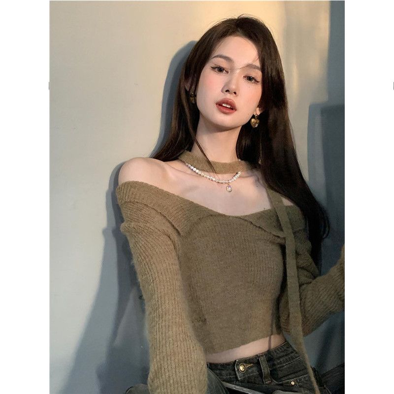 一字肩上衣女新款秋冬別致針織衫chic甜辣純欲短款毛衣秋季辣妹