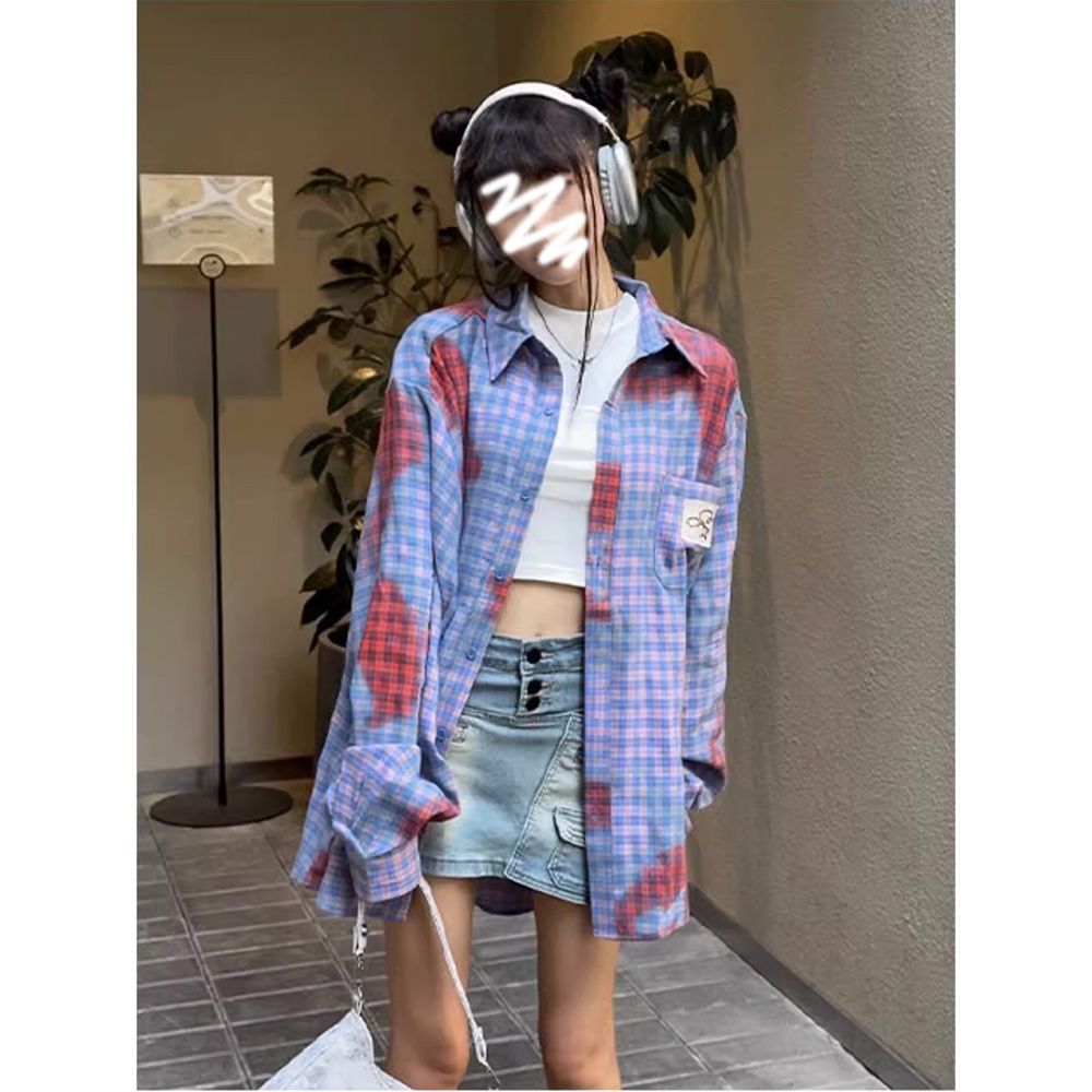 美式復古格子襯衫女秋季寬鬆長袖襯衣外套設計感小眾情侶休閒上衣