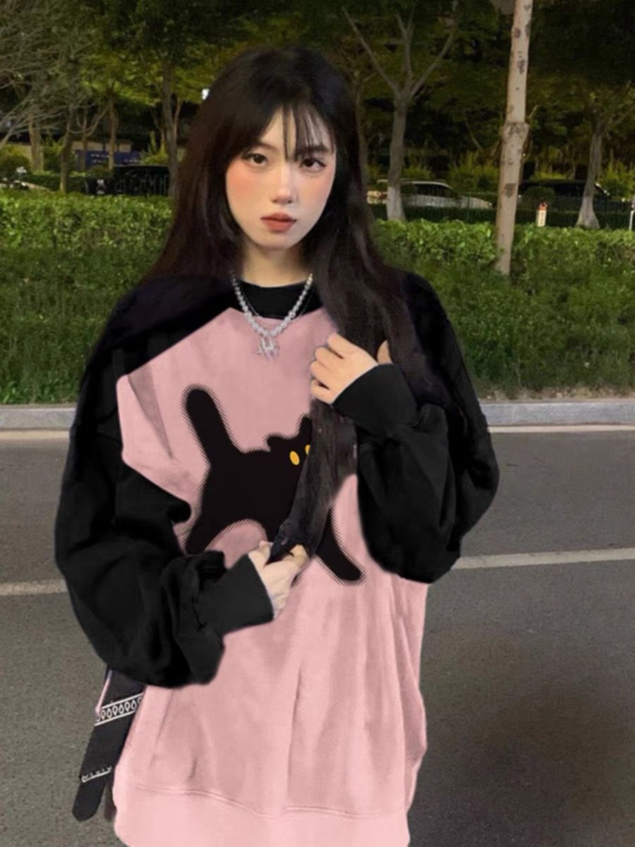 美式慵懶風chic插肩衛衣爆款秋季寬鬆休閒百搭圓領長袖女裝上衣潮