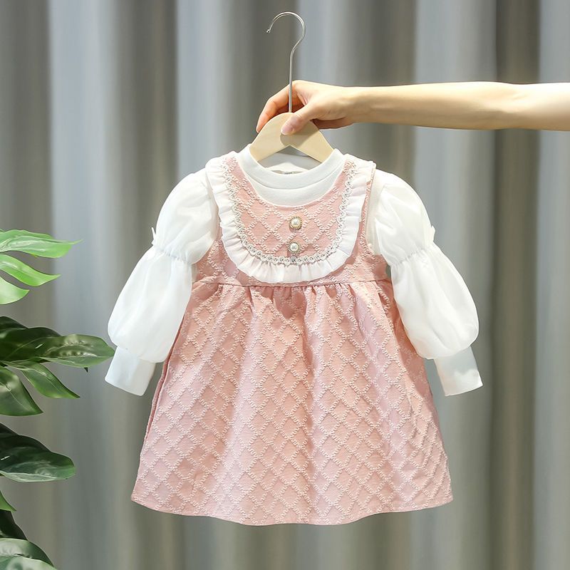 Girls Casual Cute Autumn Round Neck Lace Color Block Long Sleeve Spring Autumn Suit