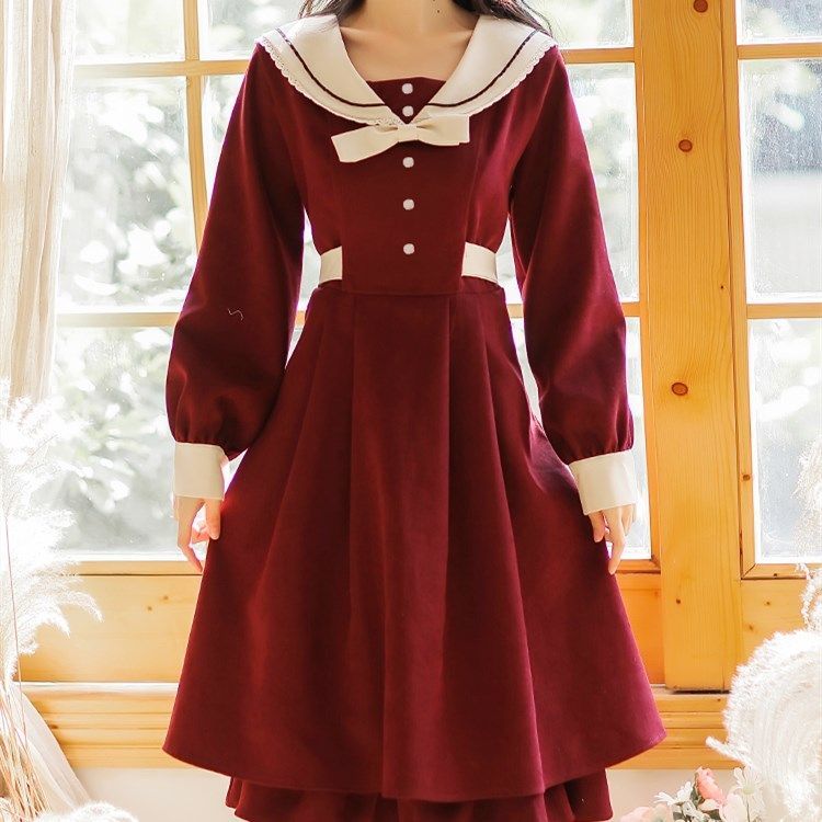 学院红色长裙法式秋冬季新款收腰大码mm复古少女海军领JK连衣裙