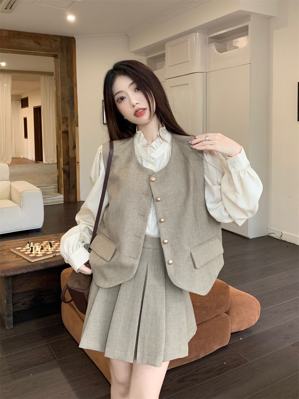 大碼小香風套裝秋款卡其色馬甲背心女胖mm顯瘦高腰百褶裙子兩件套