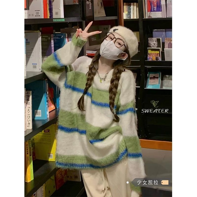 撞色條紋新款套頭毛衣女秋冬季高級感寬鬆慵懶風外穿軟糯針織衫女