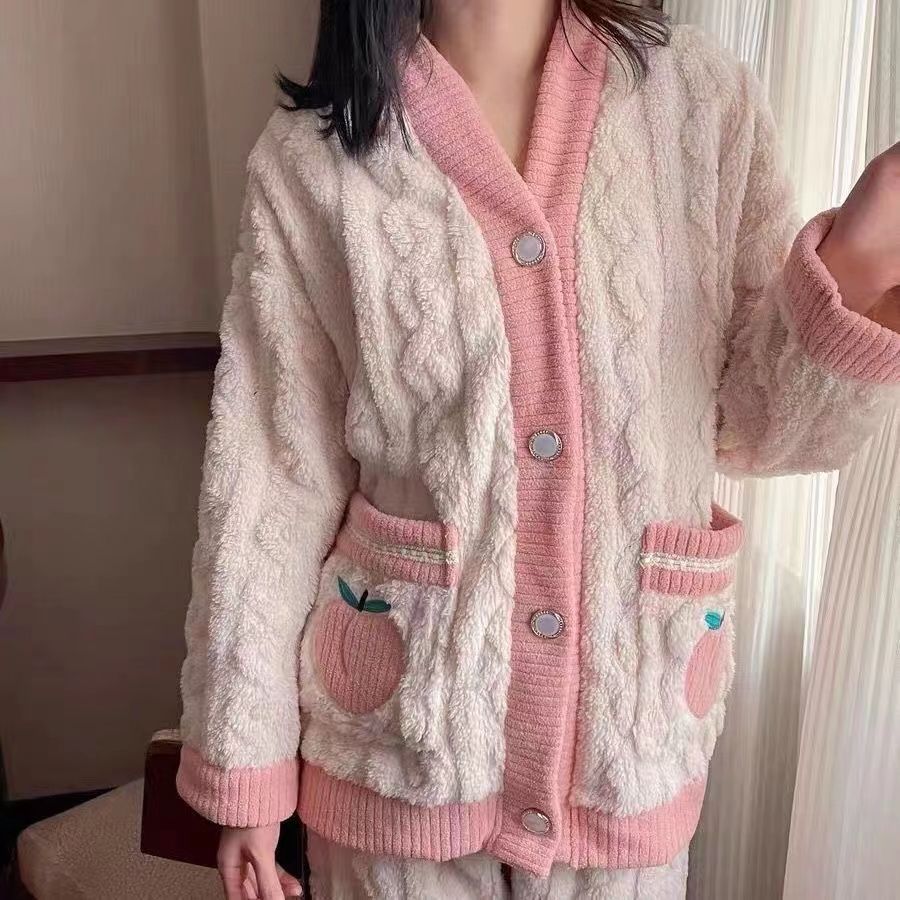 2023新款睡衣女秋冬季提花水蜜桃珊瑚絨加厚保暖法蘭絨家居服套裝
