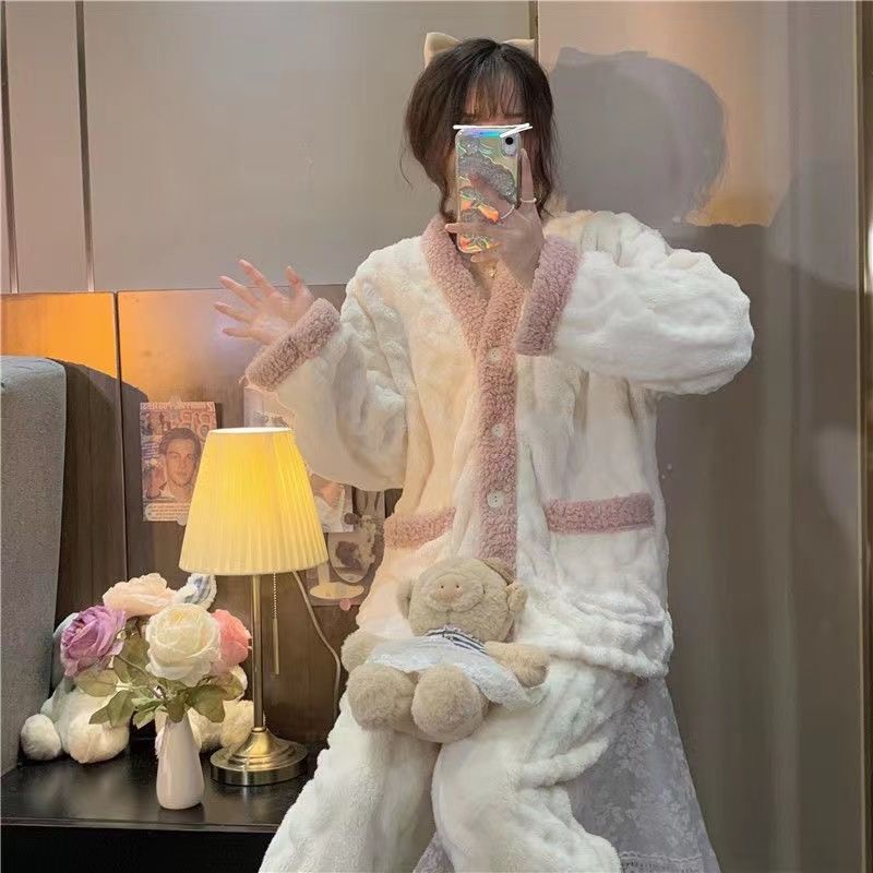 秋冬季加厚款珊瑚絨睡衣女套裝家居服加絨可愛法蘭絨長袖開衫大碼