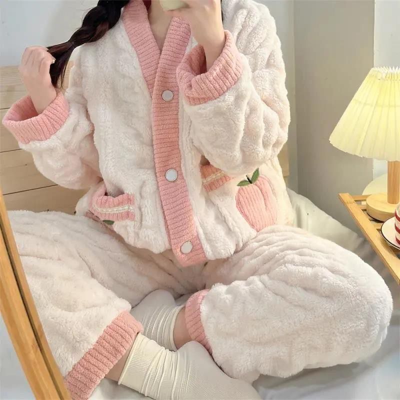 珊瑚絨睡衣女士秋冬季可愛甜美學生宿舍加厚加絨法蘭絨家居服套裝