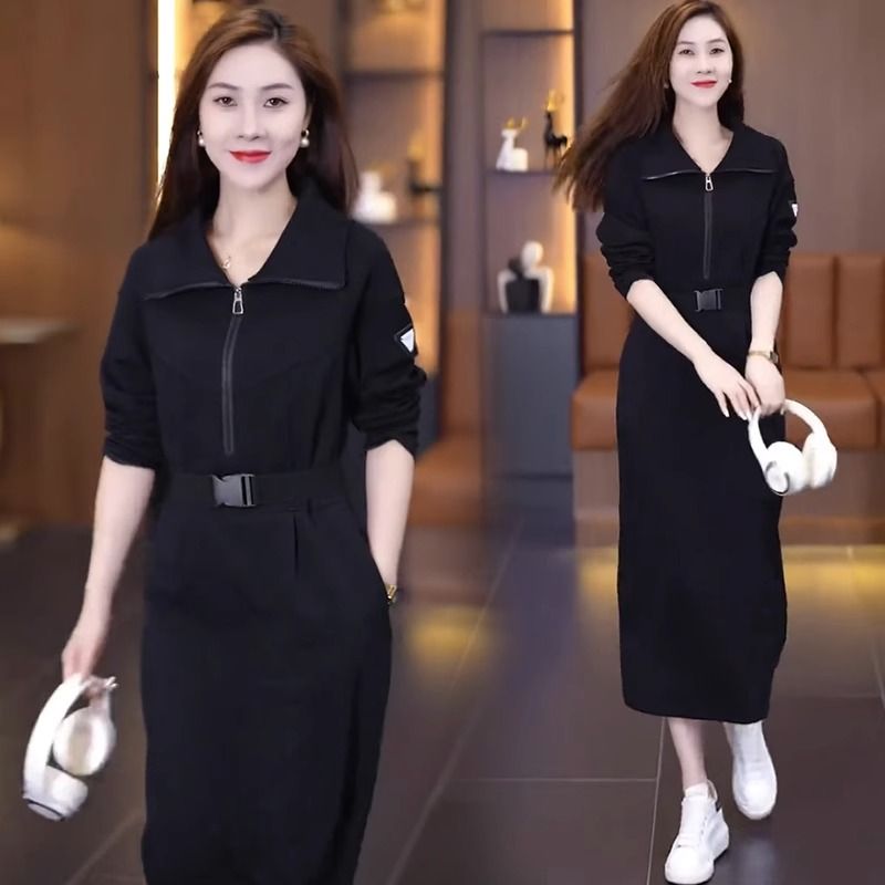 Casual stand-up collar dress for women 2023 autumn and winter new style slim waist temperament versatile mid-length bottoming skirt