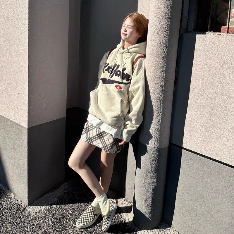 國潮牌美式復古毛巾繡寬鬆連帽衛衣女春秋oversize設計感小眾外套