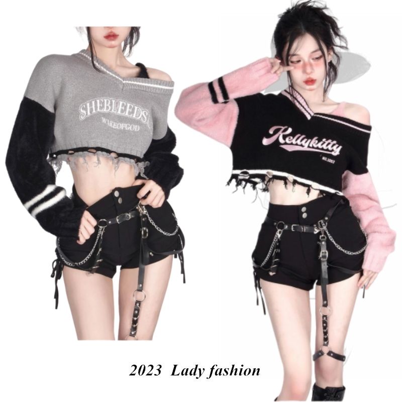 Navel-baring shirt American short sweater for hot girls with destructive embroidery long-sleeved off-shoulder short early autumn ins top for women