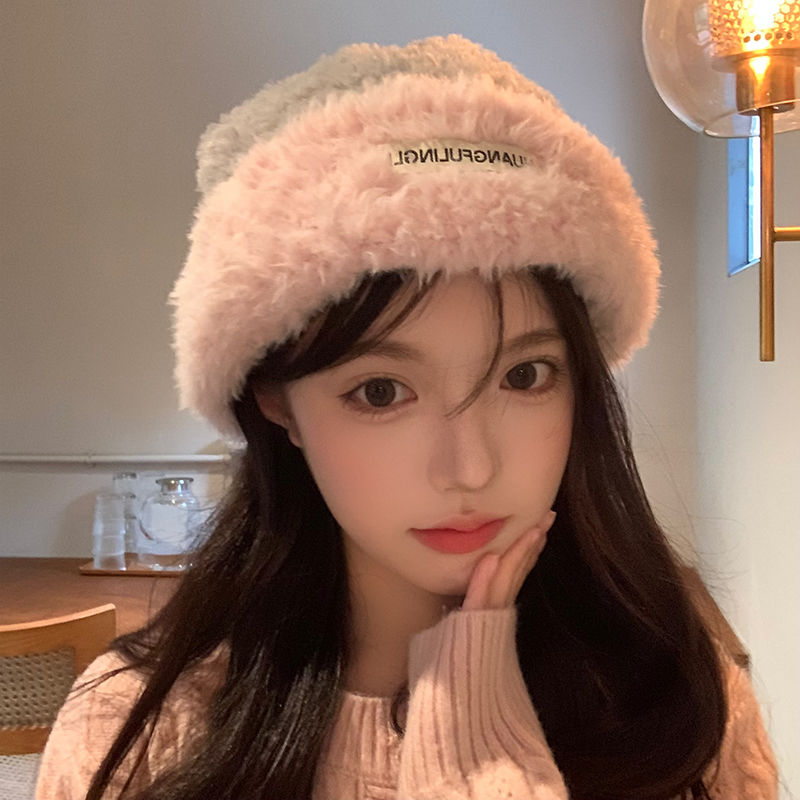 Women's woolen hat, Korean version, autumn and winter, thickened, warm, ear-protecting, cute, color matching, versatile, face-showing, small Japanese style knitted cold hat