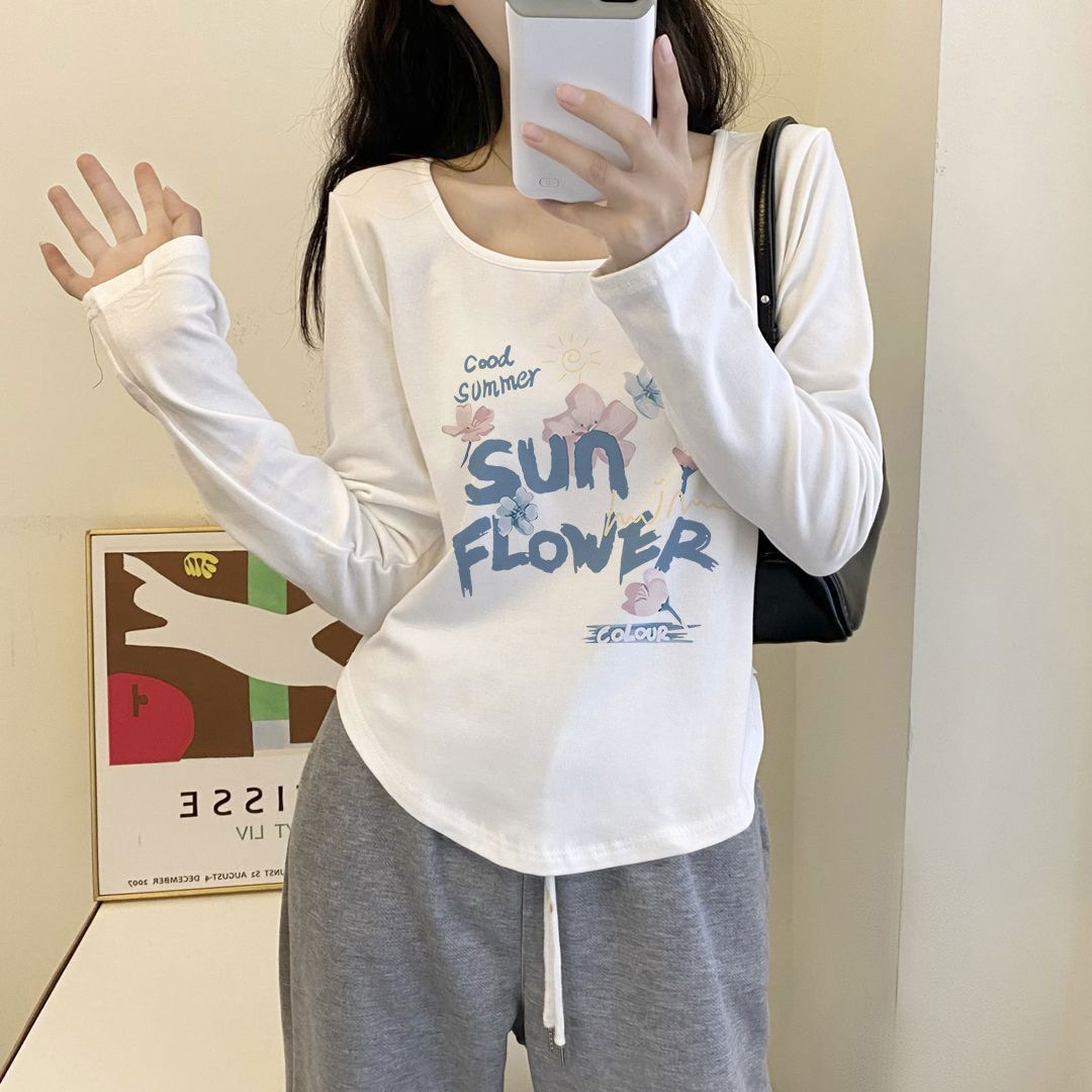 設計感小眾正肩不規則方領長袖T恤女秋辣妹短款高腰修身顯瘦上衣