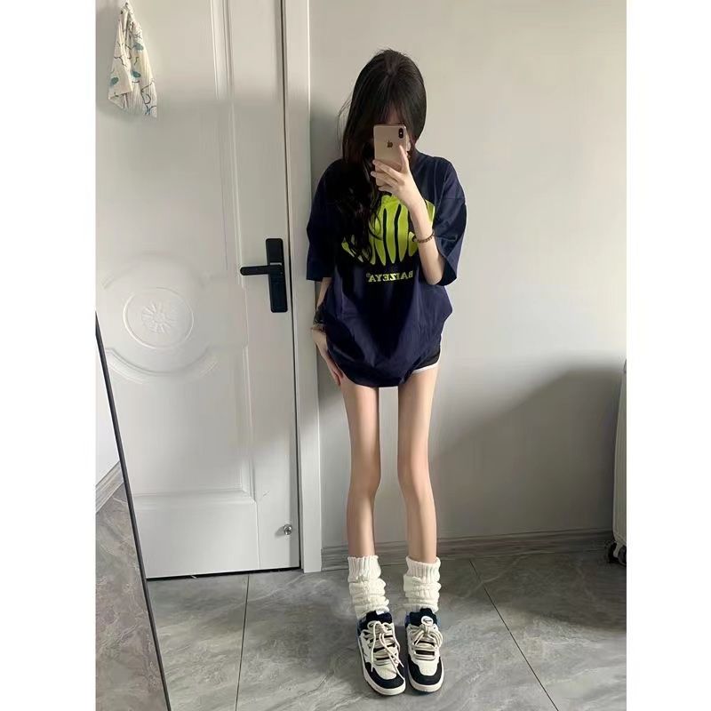 100%純棉美式復古oversize字母印花短袖T恤女夏季寬鬆潮牌上衣服