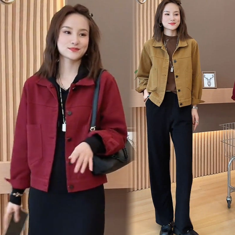 藍海奕諾寬鬆短款牛仔棉外套女2023秋新款小個子顯瘦洋氣夾克上衣