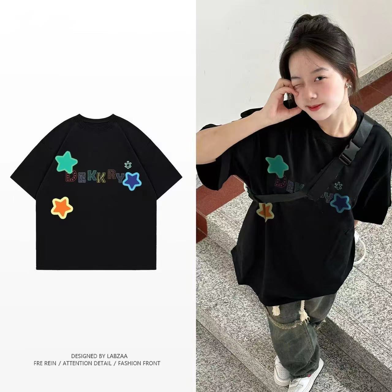 100%純棉美式字母印花短袖t恤女新款夏季設計感小眾寬鬆上衣潮