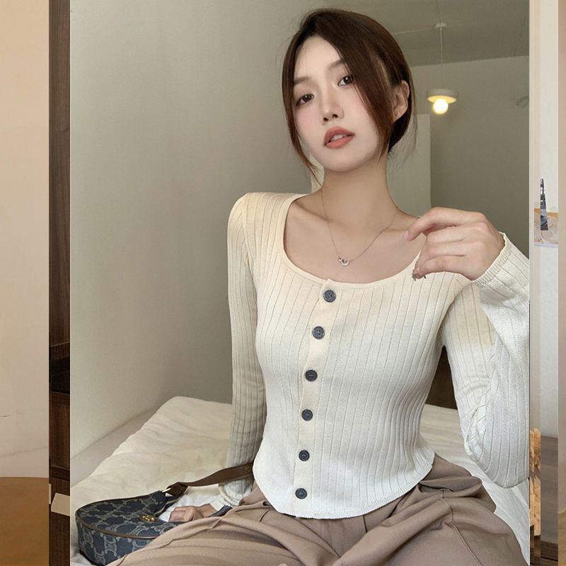 Retro square neck sweater for women 2023 autumn new style irregular long-sleeved cardigan versatile sweater small coat ins