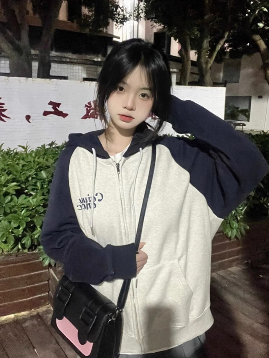 American retro raglan sleeve basic cardigan hooded sweatshirt for men and women autumn and winter new heavy cotton couple coat