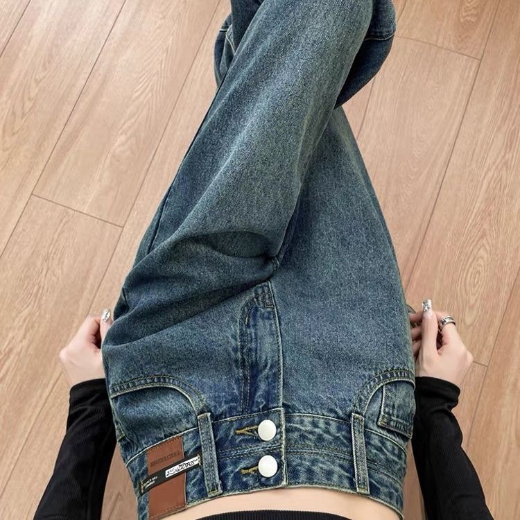 復古牛仔褲女直筒寬鬆高腰春秋季2023年新款小個子拖地窄版闊腿褲