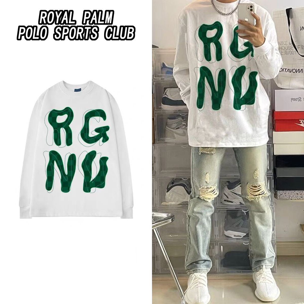 ROYAL PALM POLO美式重磅纯棉长袖t恤男嘻哈字母印花秋季潮牌上衣