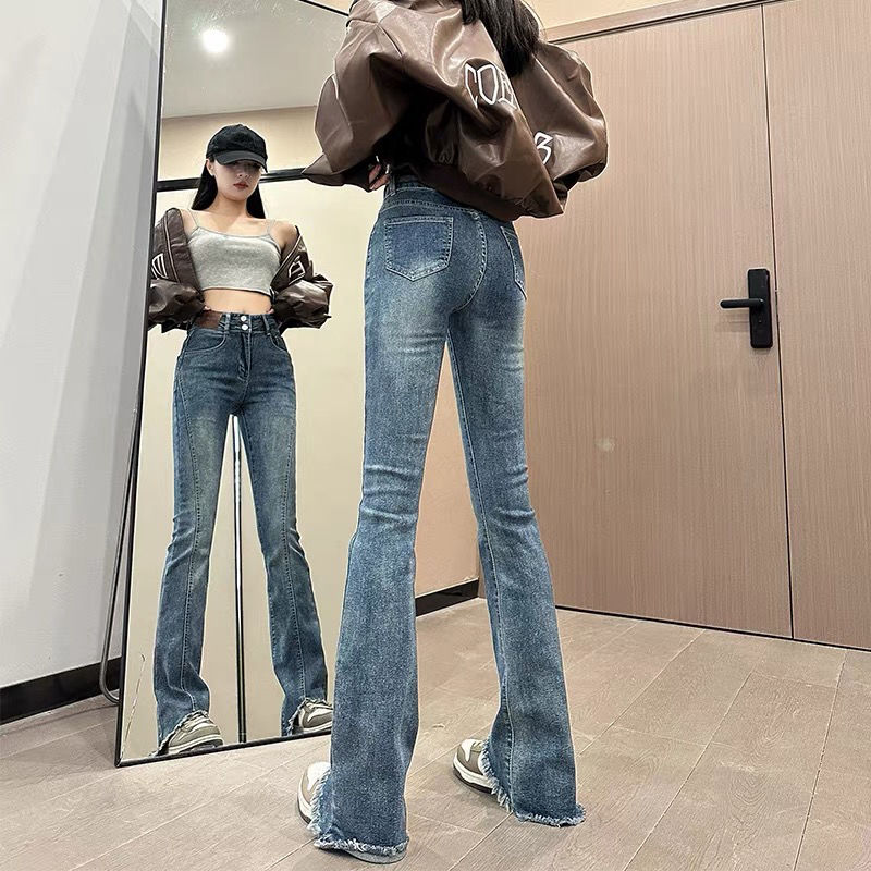 復古毛邊微喇牛仔褲女2023年春秋新款高腰顯瘦拖地喇叭褲子小個子