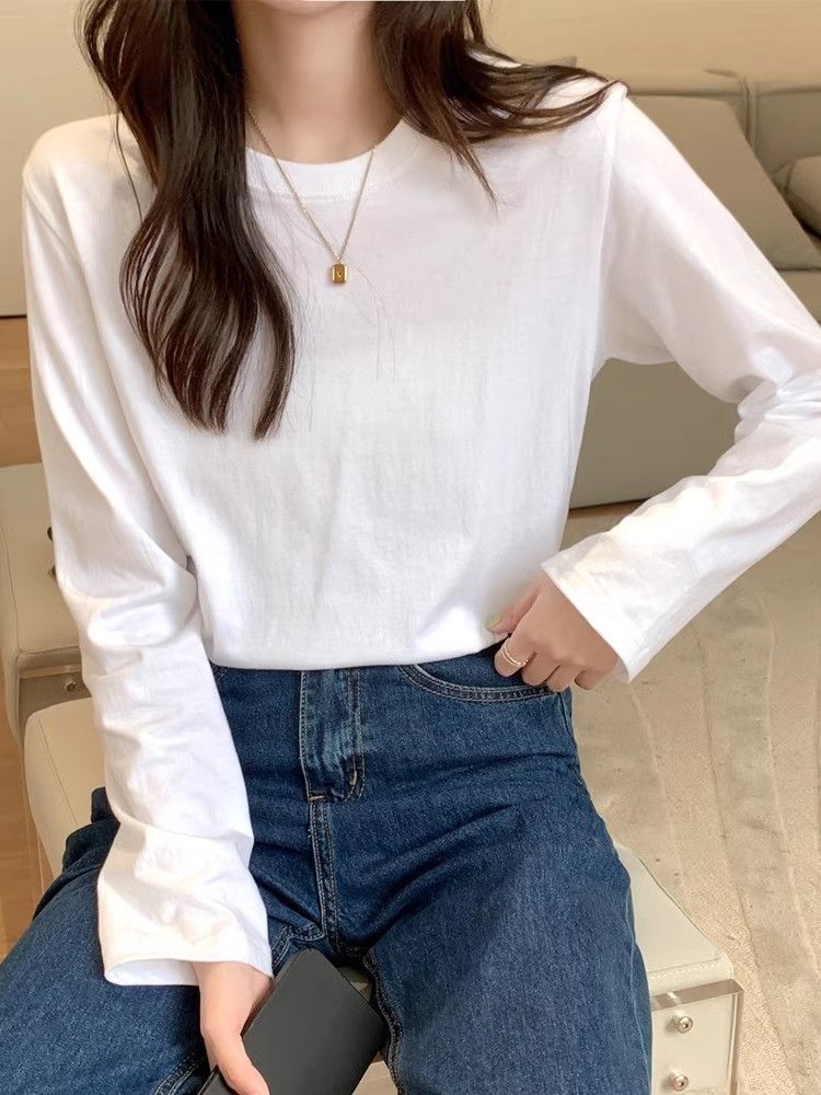 正肩長袖T恤女裝2023年春秋新款內搭棉質寬鬆白色打底衫女上衣ins
