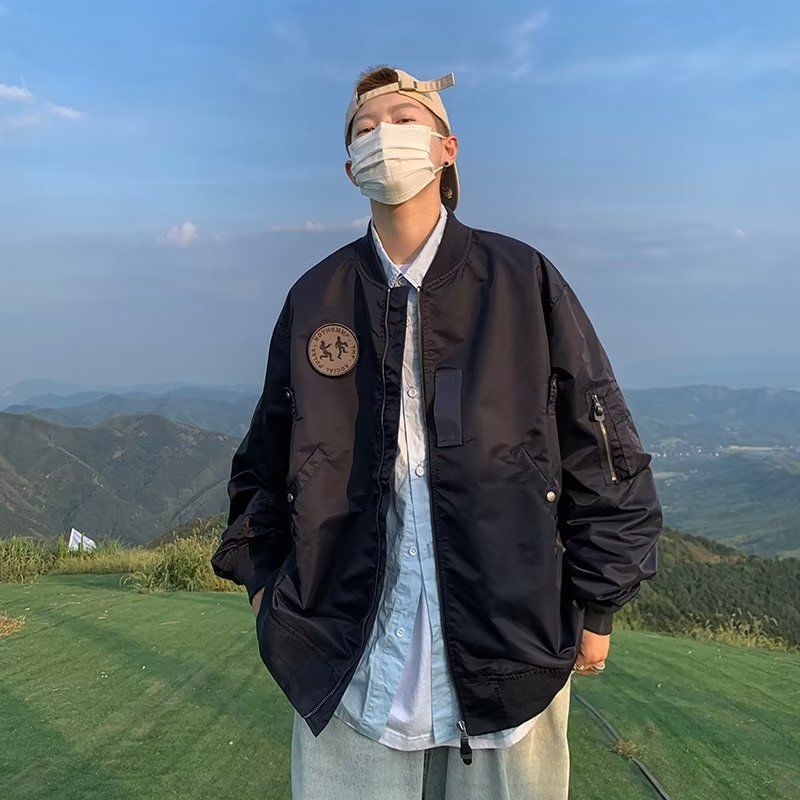 美式潮牌綠色工裝外套男春秋季ins高街潮流寬鬆棒球服飛行員夾克