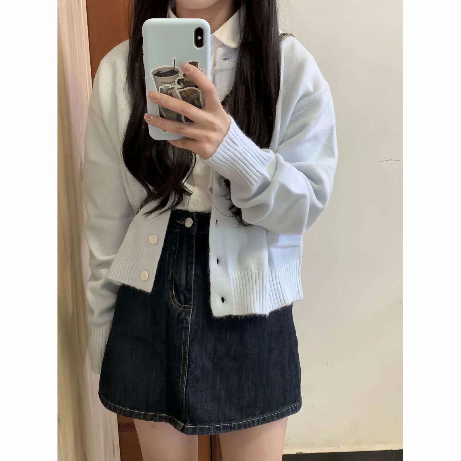 海藍色甜美純欲針織開衫上衣女韓系秋冬設計款小個子短款毛衣外套