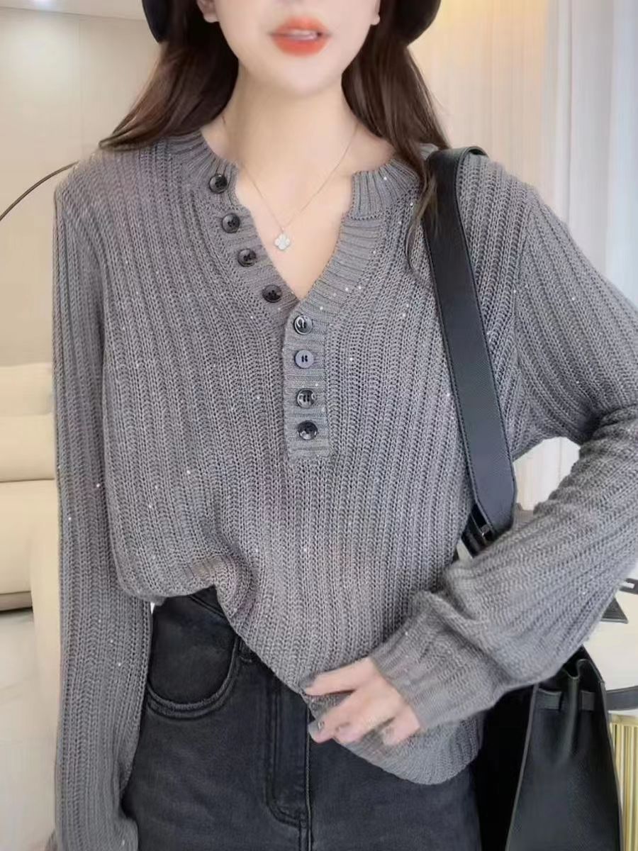 復古慵懶風打底衫女設計感重工亮片針織衫秋季時尚寬鬆毛衣外搭潮