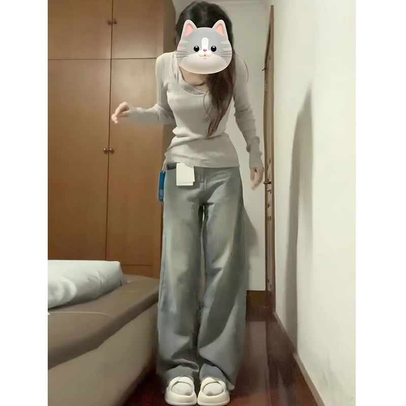 美式復古黃泥做舊水洗牛仔褲女秋季新款高街直筒寬鬆顯瘦闊腿褲子
