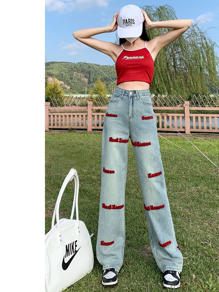 YSYOURS美式刺繡牛仔褲女春秋高腰設計感寬鬆大碼直筒闊腿褲ins潮