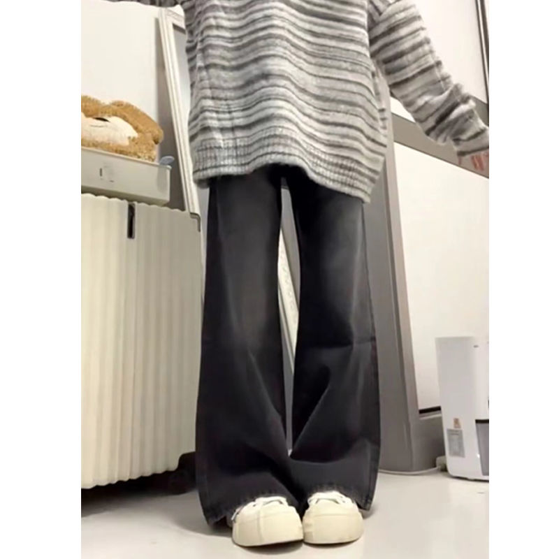 黑灰色微喇叭牛仔褲女小個子秋冬oversize美式高街寬鬆直筒闊腿褲
