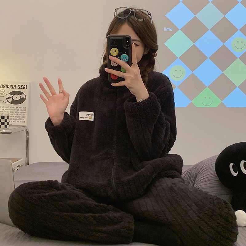 睡衣女秋冬季珊瑚絨加厚法蘭加絨2023新款圖標休閒拉鏈可外穿套裝