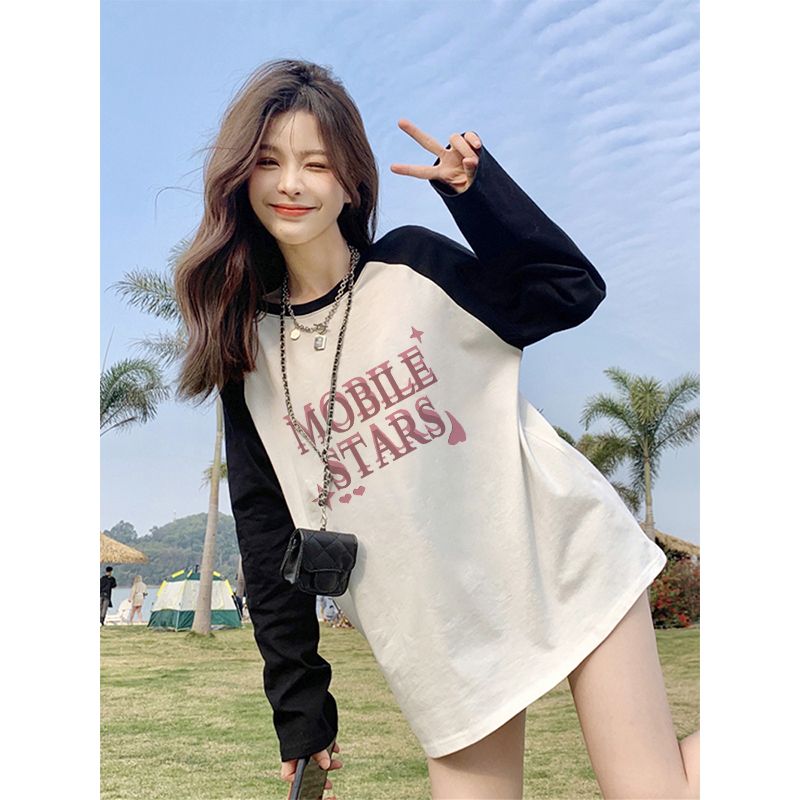 黑白撞色插肩長袖黑貓像素t恤女秋季寬鬆設計感小眾別致獨特上衣