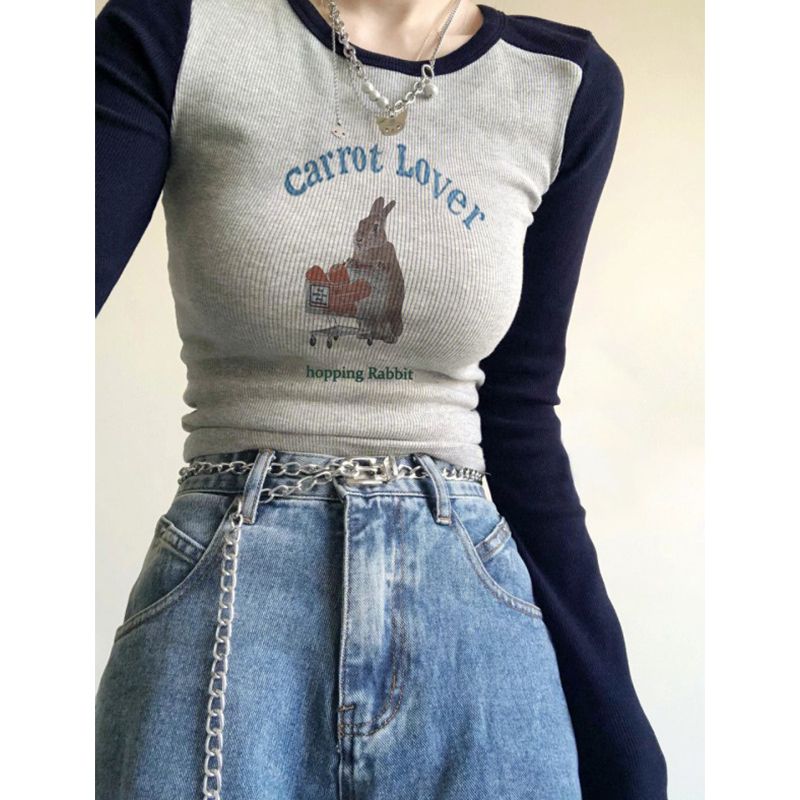 American contrasting color short tops for women in autumn 2023 new hot girl bottoming shirt with letter raglan long-sleeved T-shirt