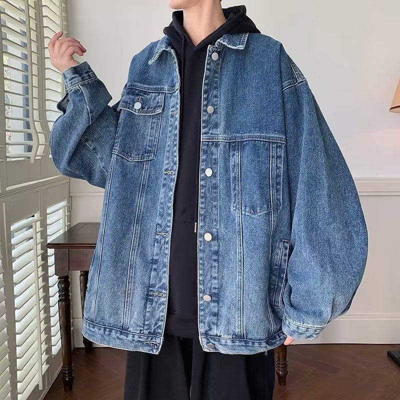 痞帥工裝牛仔外套男春秋潮牌高級感重磅成熟穩重黑灰翻領獵裝夾克