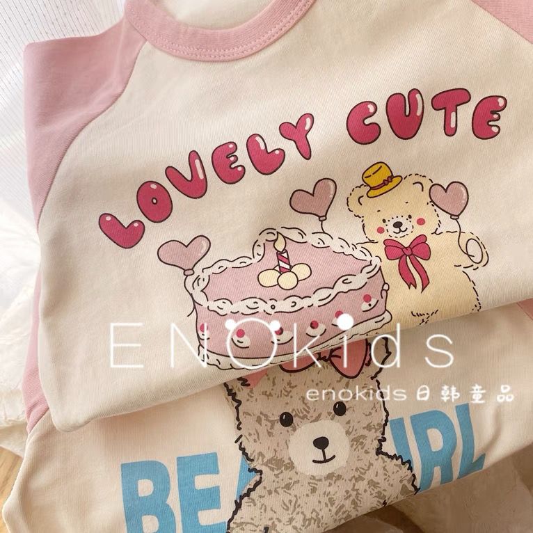 Girls pure cotton pink raglan long sleeve 23 spring baby Korean cute style cake bear bottoming shirt printed T-shirt
