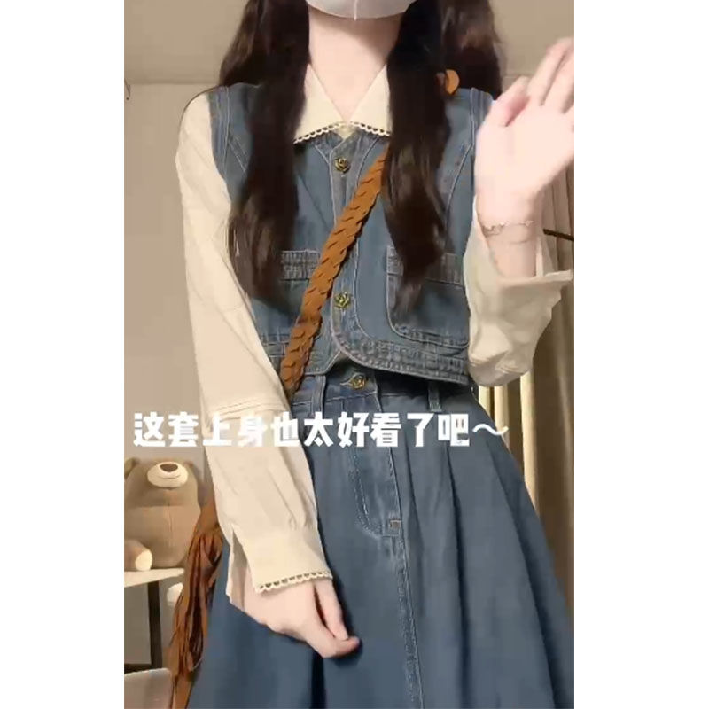 上身巨好看~美式復古學院風牛仔馬甲+長袖襯衫+半身裙女秋季套裝