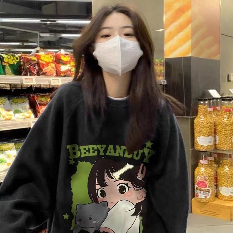 復古高街黑色字母長袖衛衣女春秋冬季薄款加絨設計感小眾寬鬆上衣