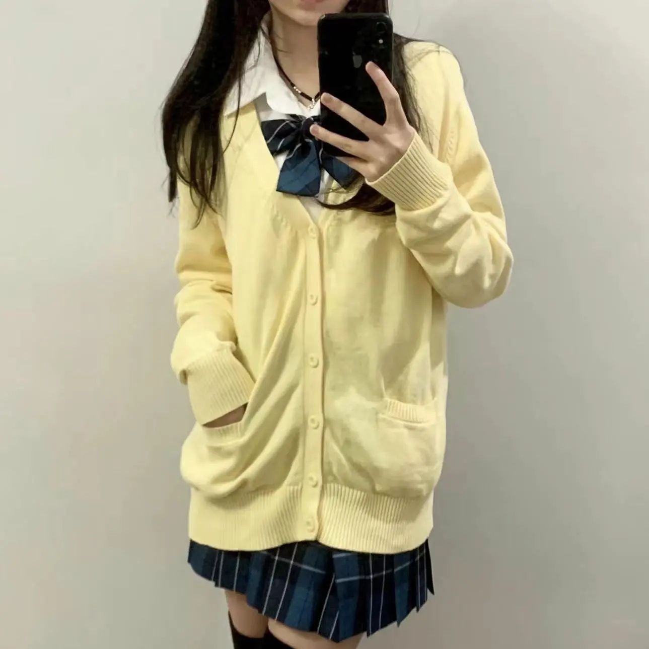 黃色日系開衫JK套裝秋冬日系百搭外套學院風jk制服針織衫制服