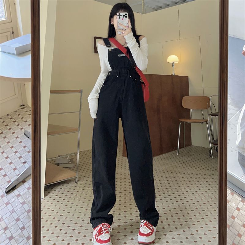 黑色牛仔背帶褲女2023新款秋款闊腿褲梨型身材顯瘦可拆卸直筒褲子